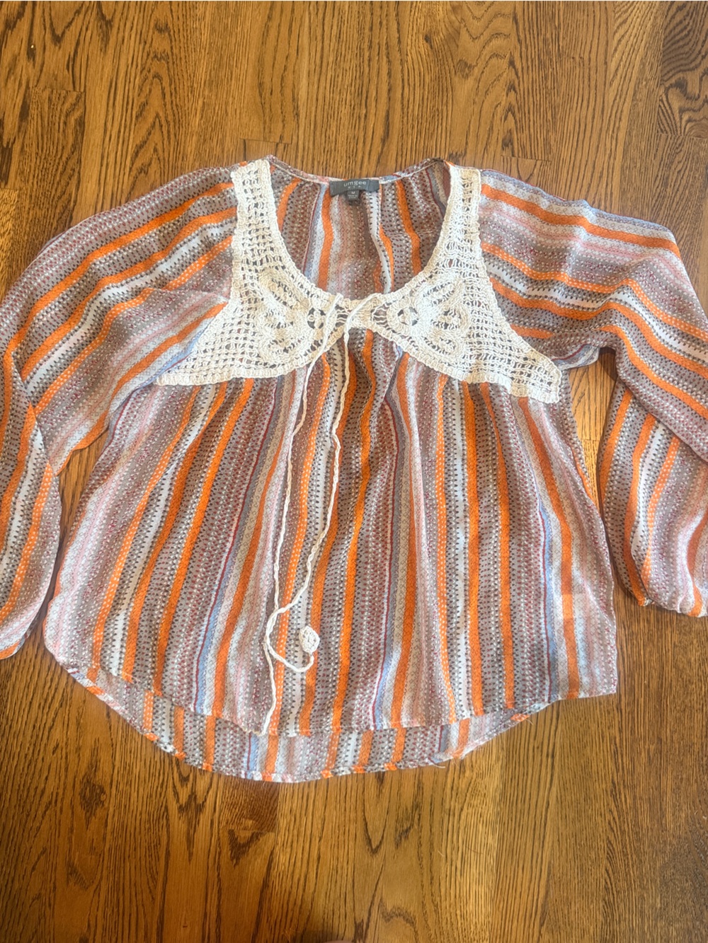 Umgee orange Striped breathable blouse crochet festival office Medium